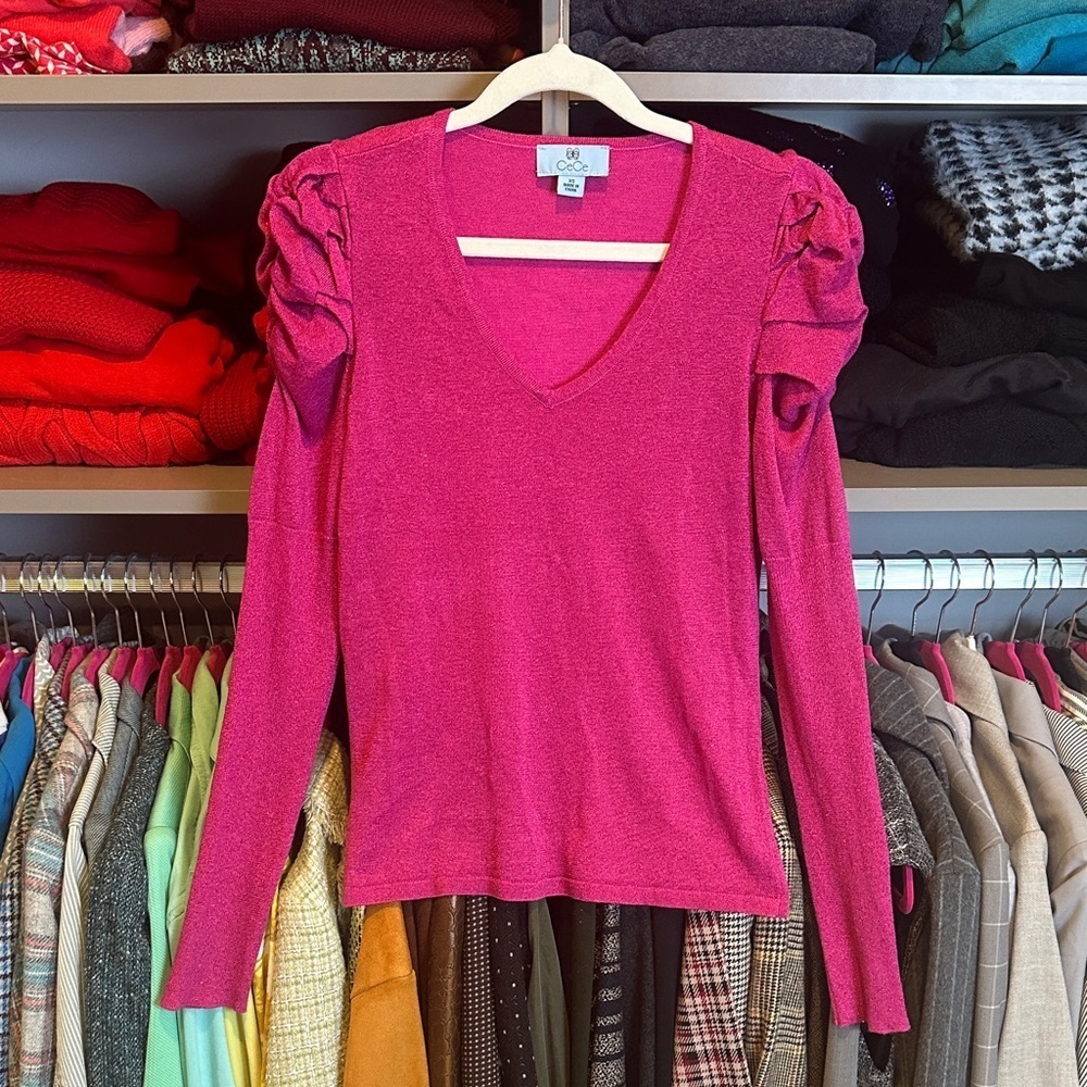 CeCe pink metallic threads v neck long sleeve lightweight sweater size XS